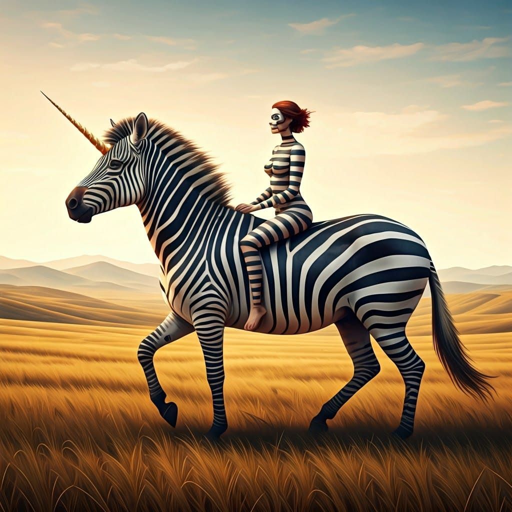 Woman Rides Striped Zebra Unicorn Across Dreamlike Steppes