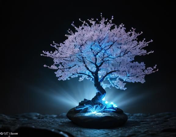 Fluorescent Cherry Blossom Tree on Lava Rock