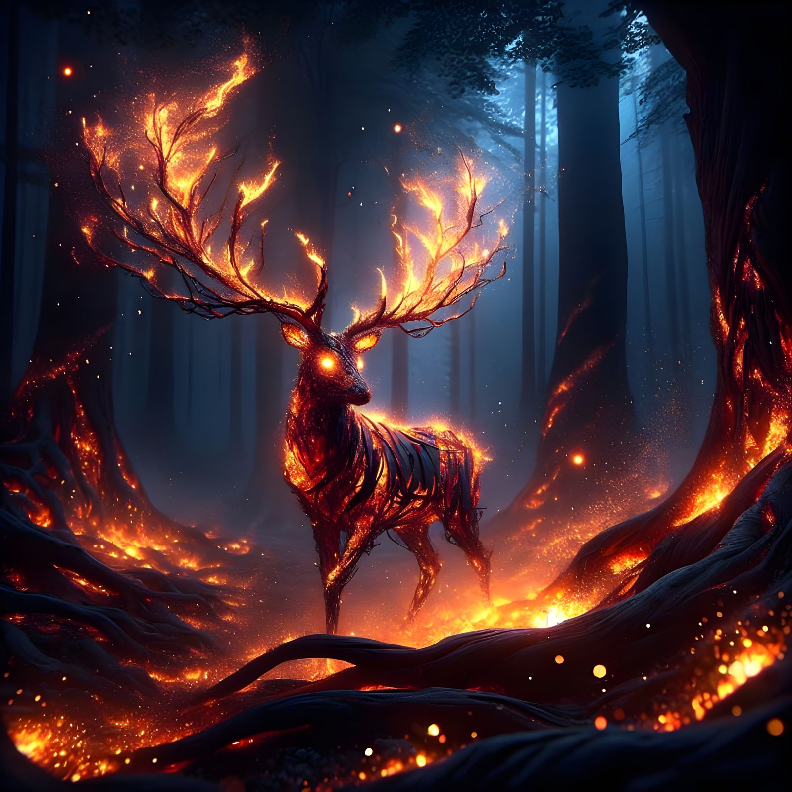 Stag of Blazing Embers Illuminates Ancient Forest