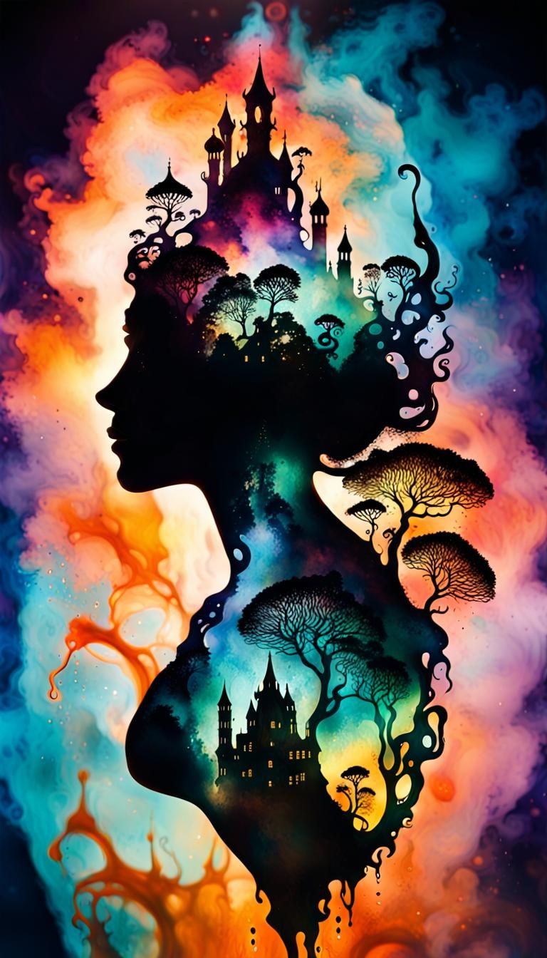 Macabre Ink Silhouette with Fantasy Double Exposure