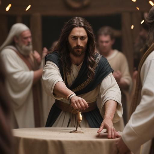 Biblical Scene: Jesus Overturning Tables, Sharp Focus