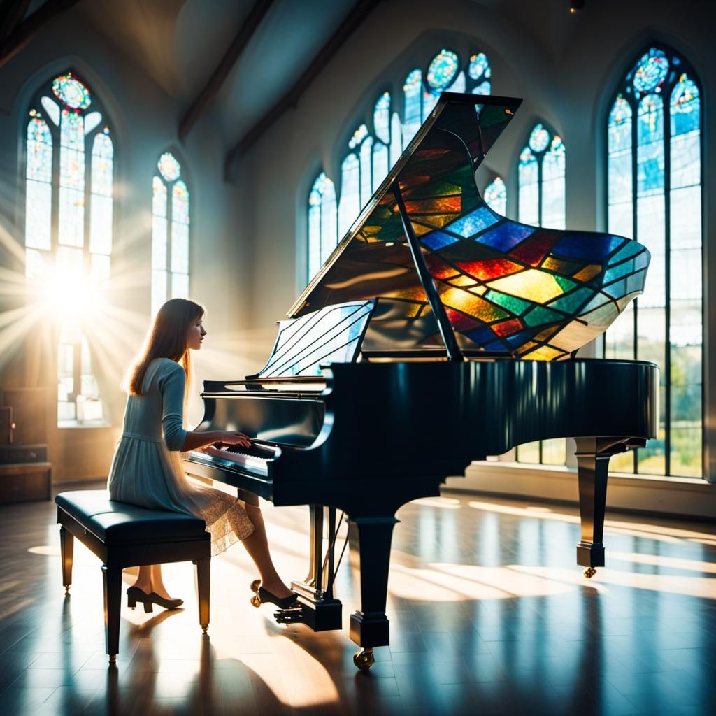 Stained Glass Piano in Divine Sunlight