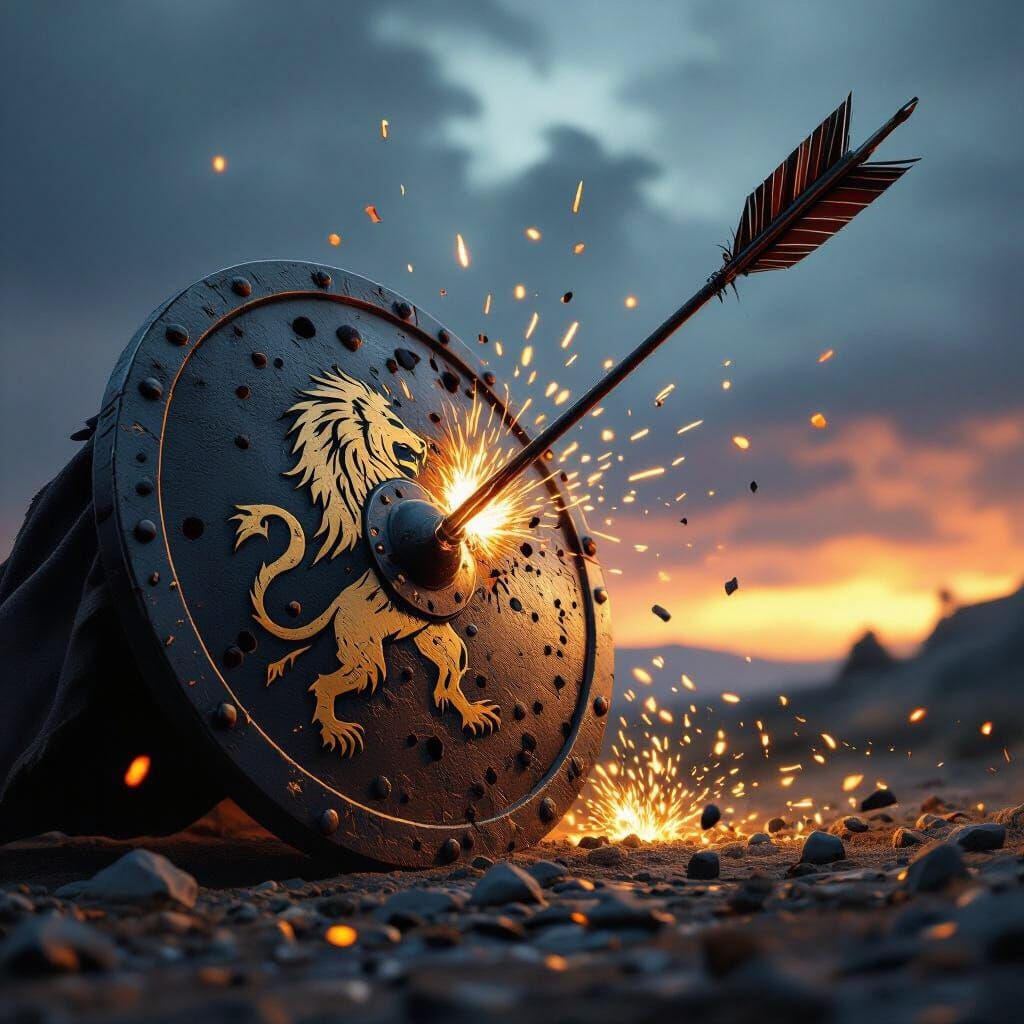 Medieval Arrow Strikes Lion Shield in Dark Fantasy Style