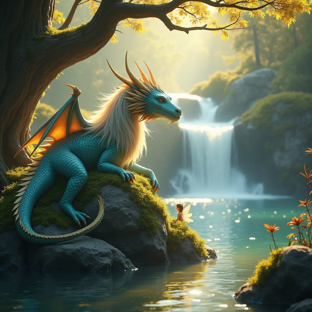 Half-Dragon in Magical Forest, Digital Art