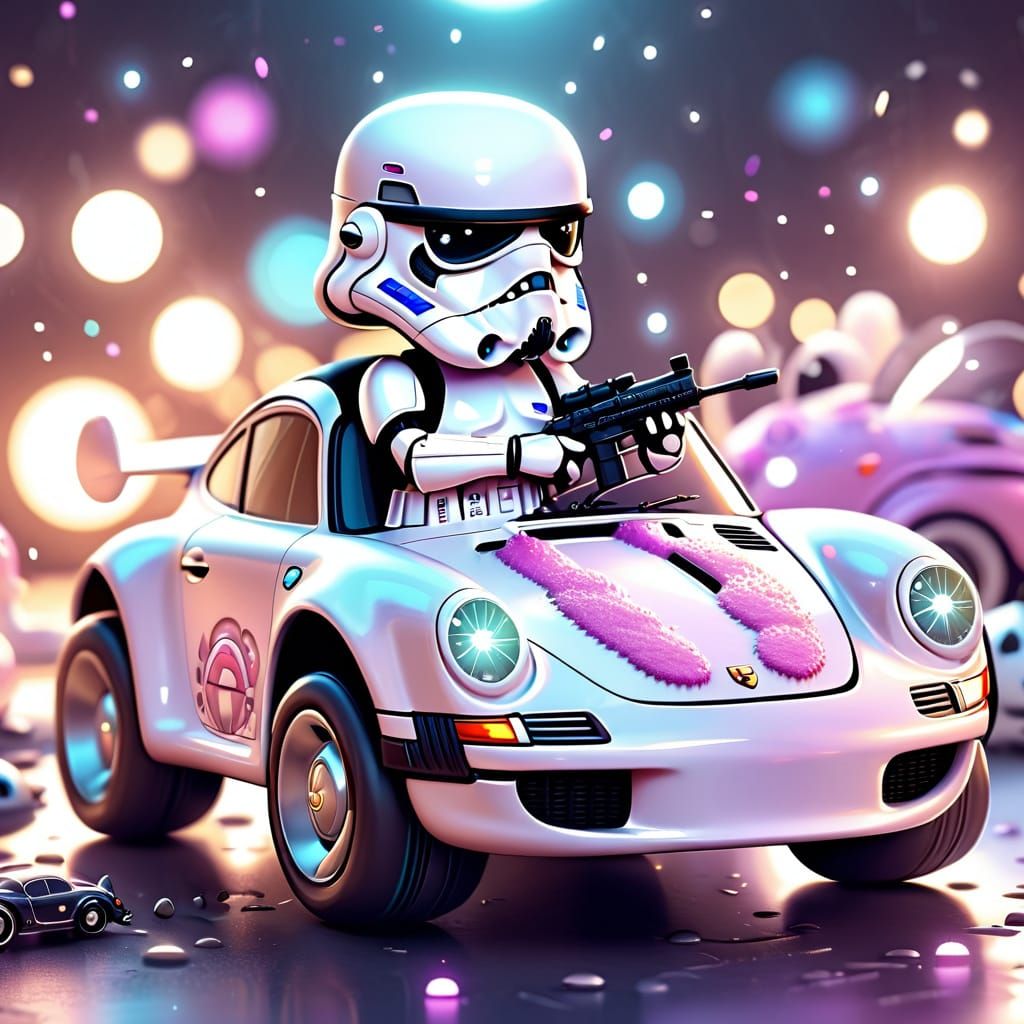 Kawaii Stormtrooper with Monster Porsche in Pastel Colors