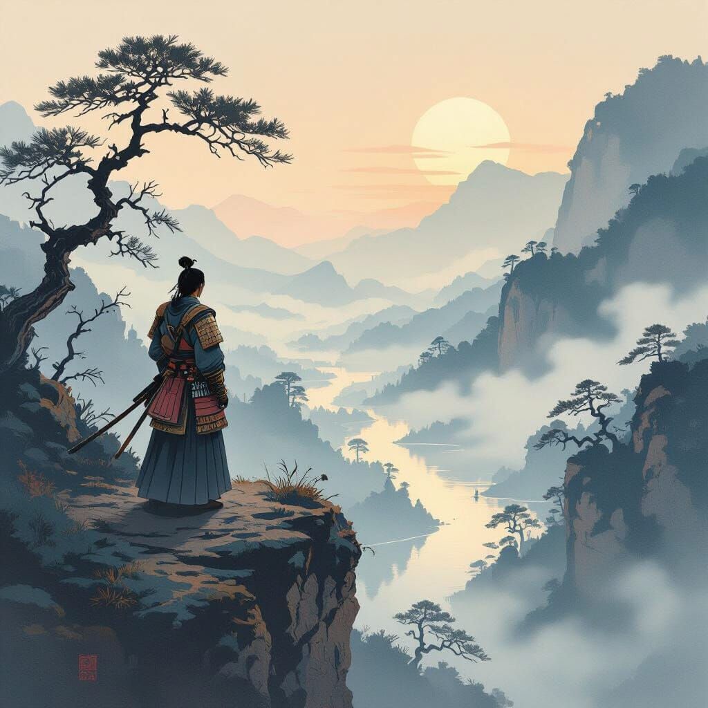 Samurai Contemplates Misty Valley in Ukiyo-e Style