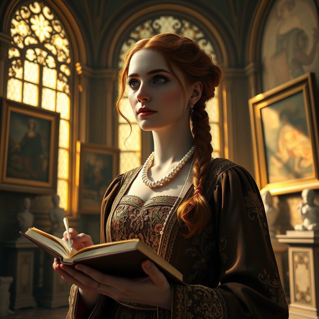 Elegant Renaissance Woman in Golden Gown with Quill and Book