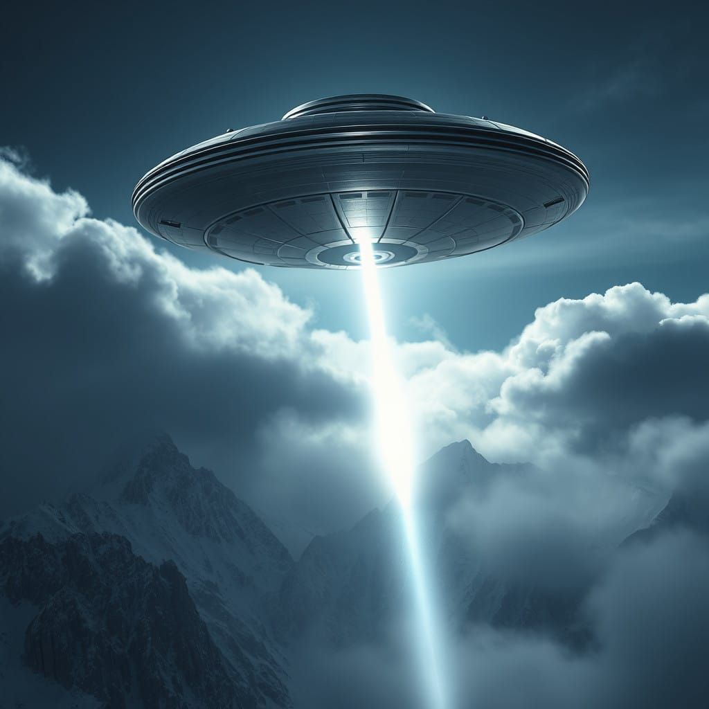 Surreal Flying Saucer Illuminates Snow-Capped Peaks in Ether...