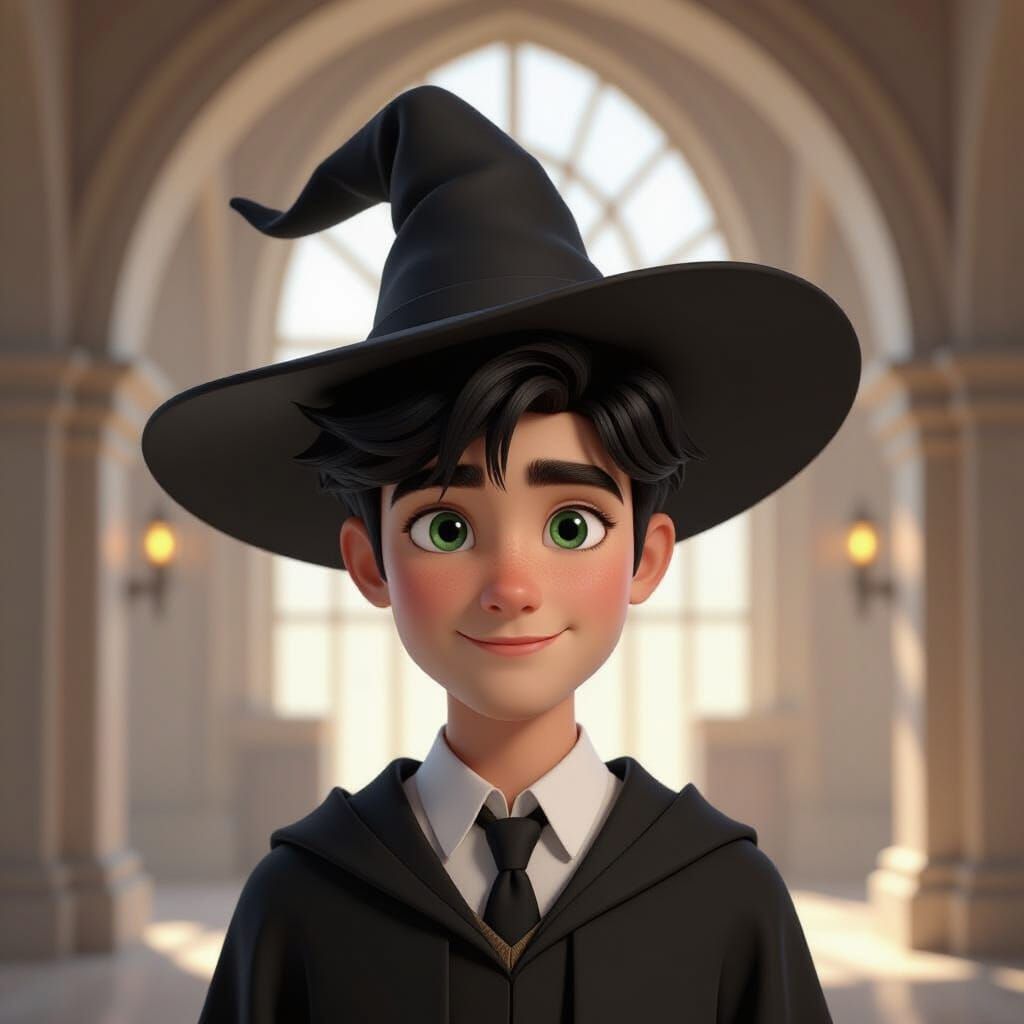 Young Wizard in Castle Entryway: Pixar-Inspired 3D Art