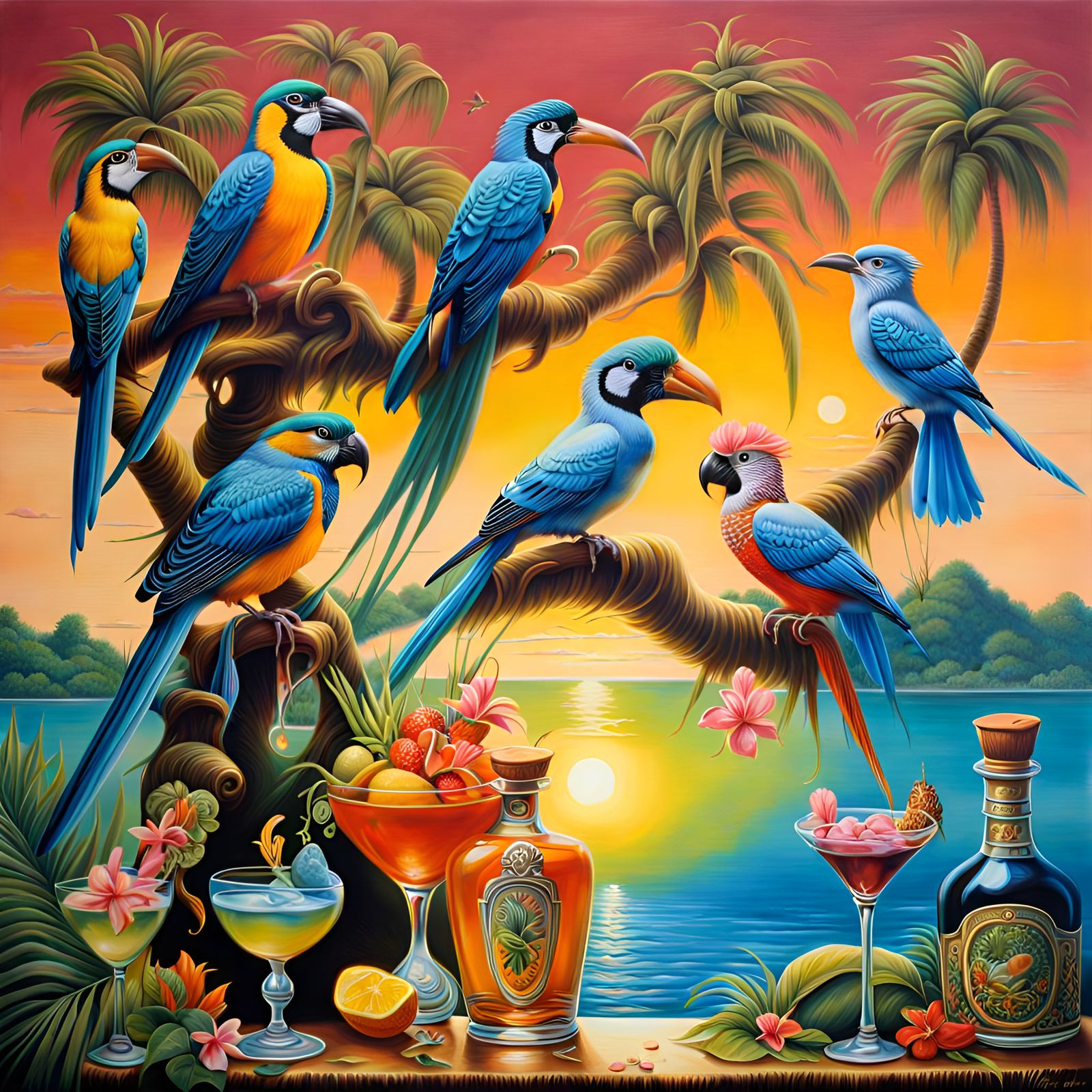 Surrealism jim Warren Tropical island exotic birds intricate...