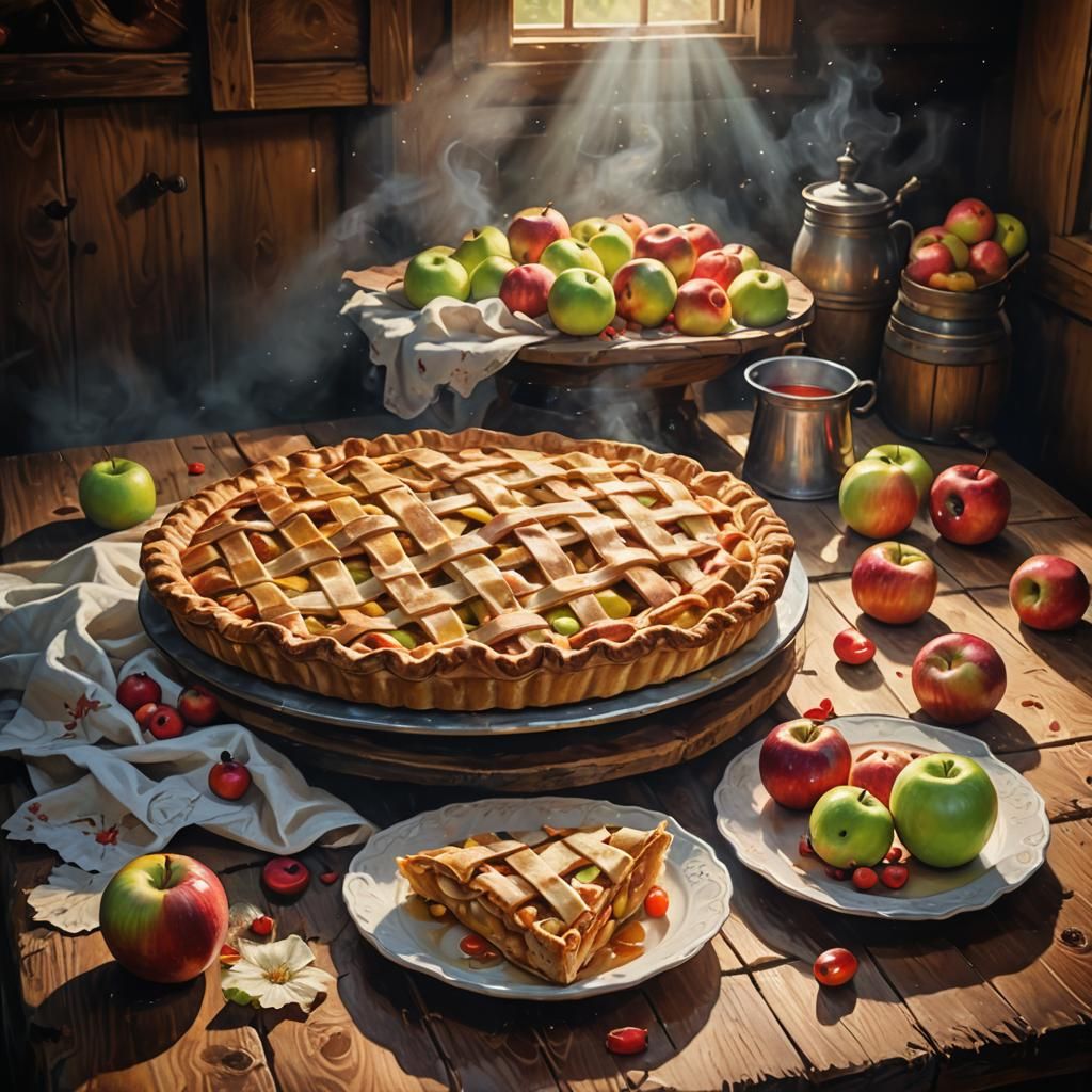 Delicious Apple Pie in Rustic Cottage, Vivid Oil Painting
