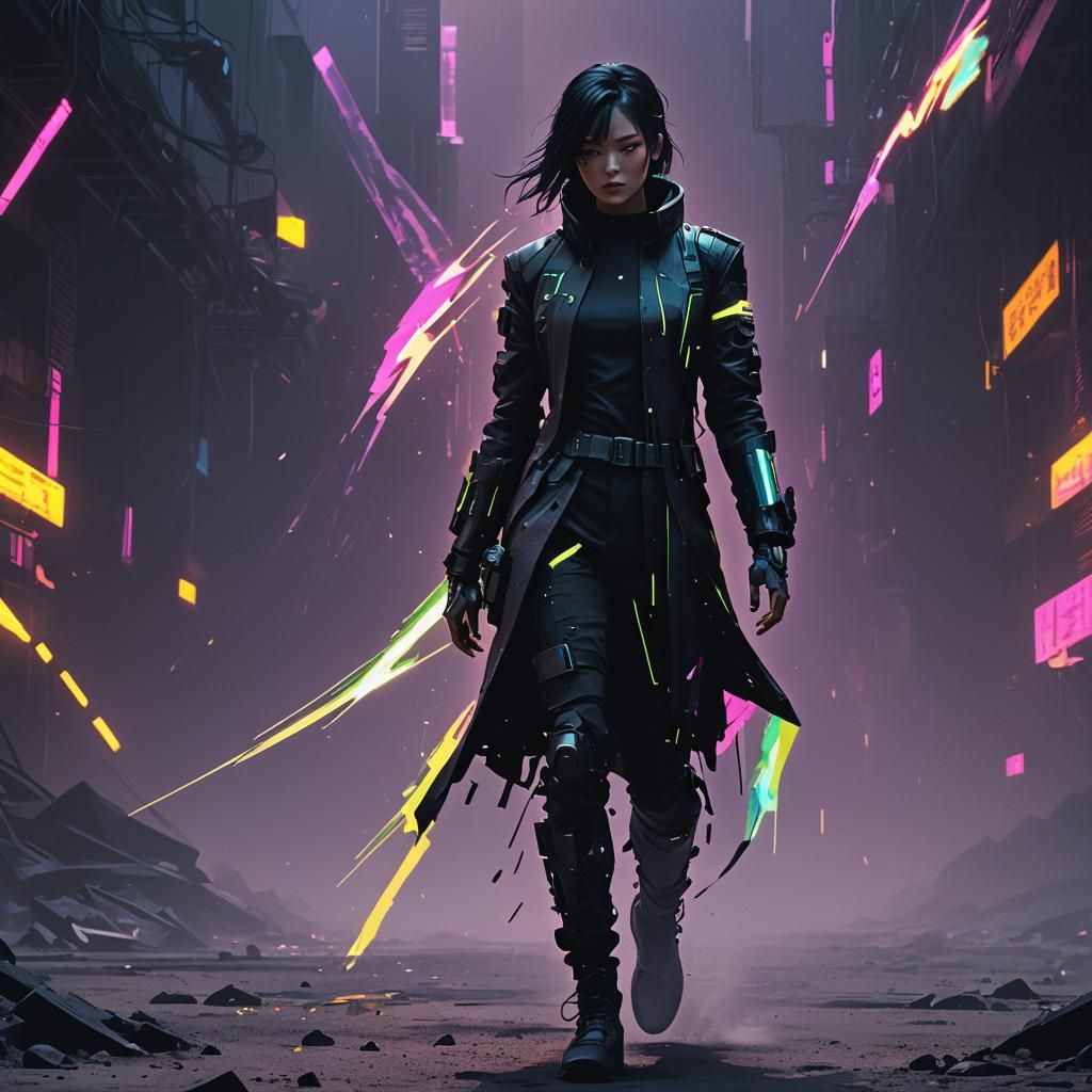 Cyberpunk Silhouette Dissolving into Sand Particles