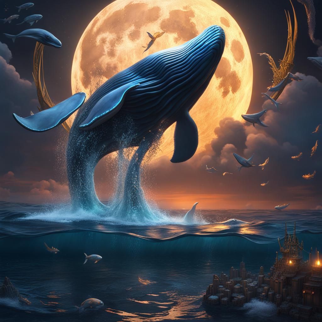 Whale with Wings Under Moonlit Sea