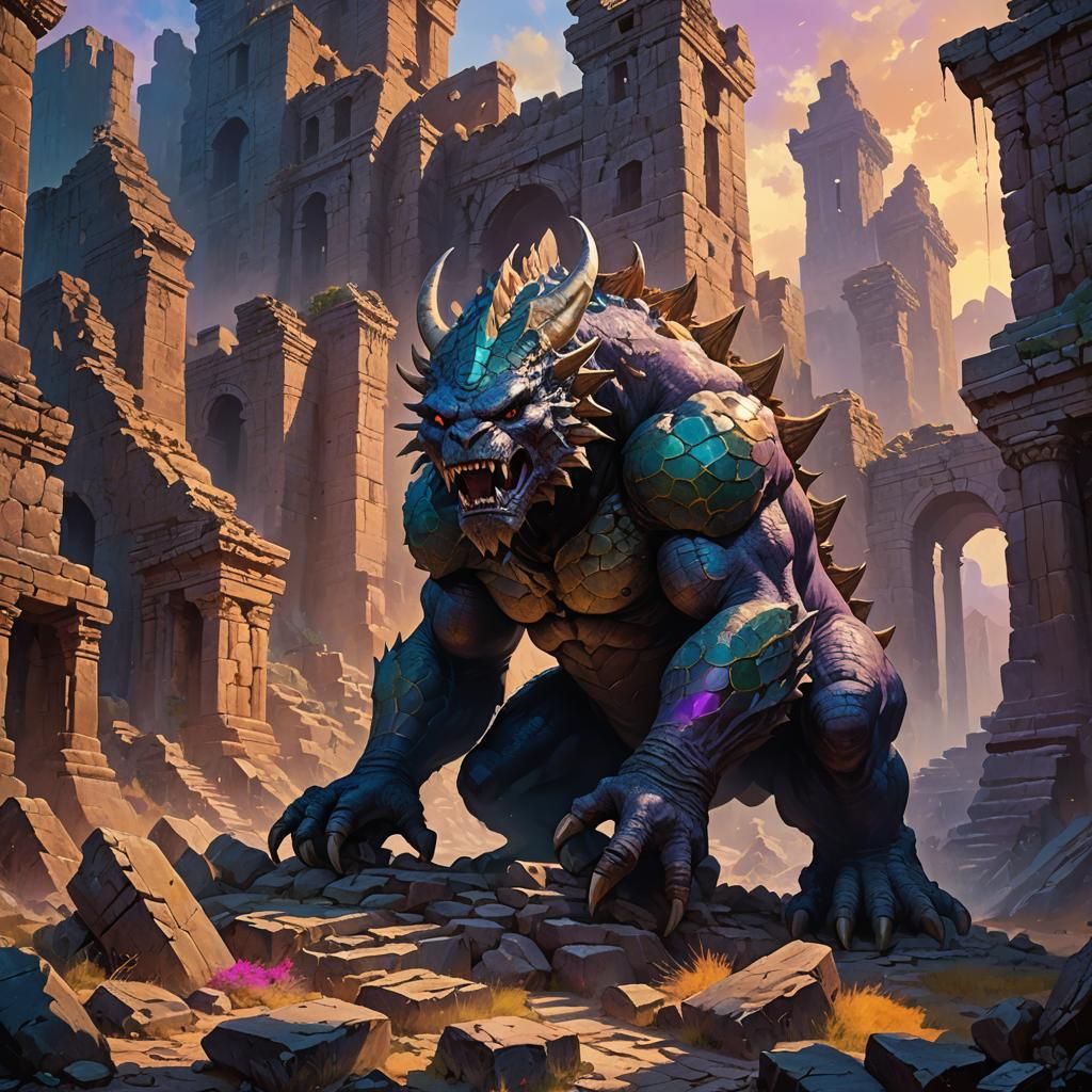 Epic Monster in Mystical Ruins: Fantasy Art