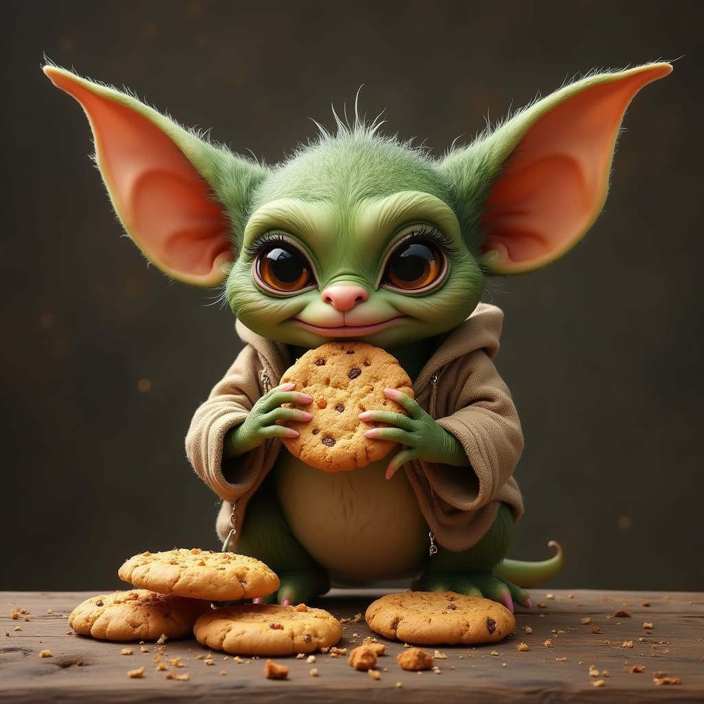 Mischievous Gremlin Snacking on Cookies