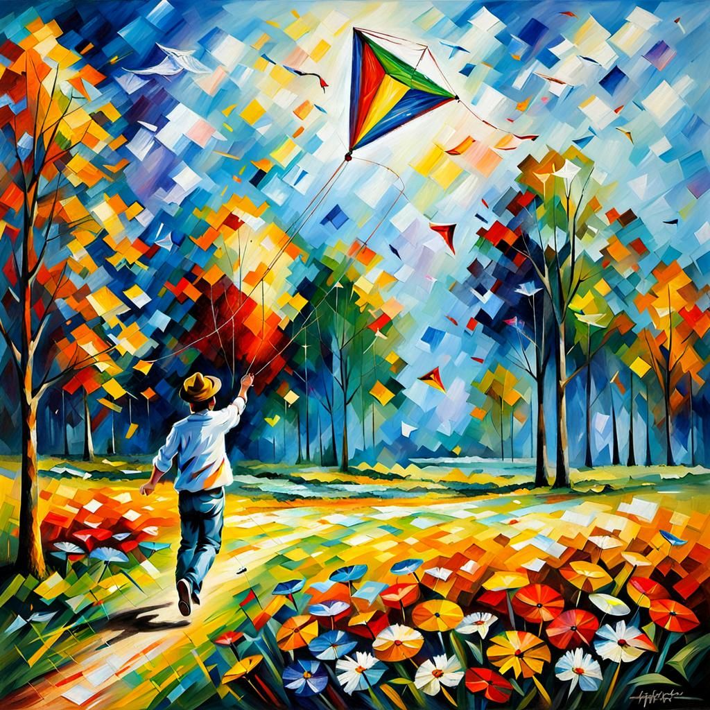 Kite Flying in Sunny Meadow as Impasto Painting