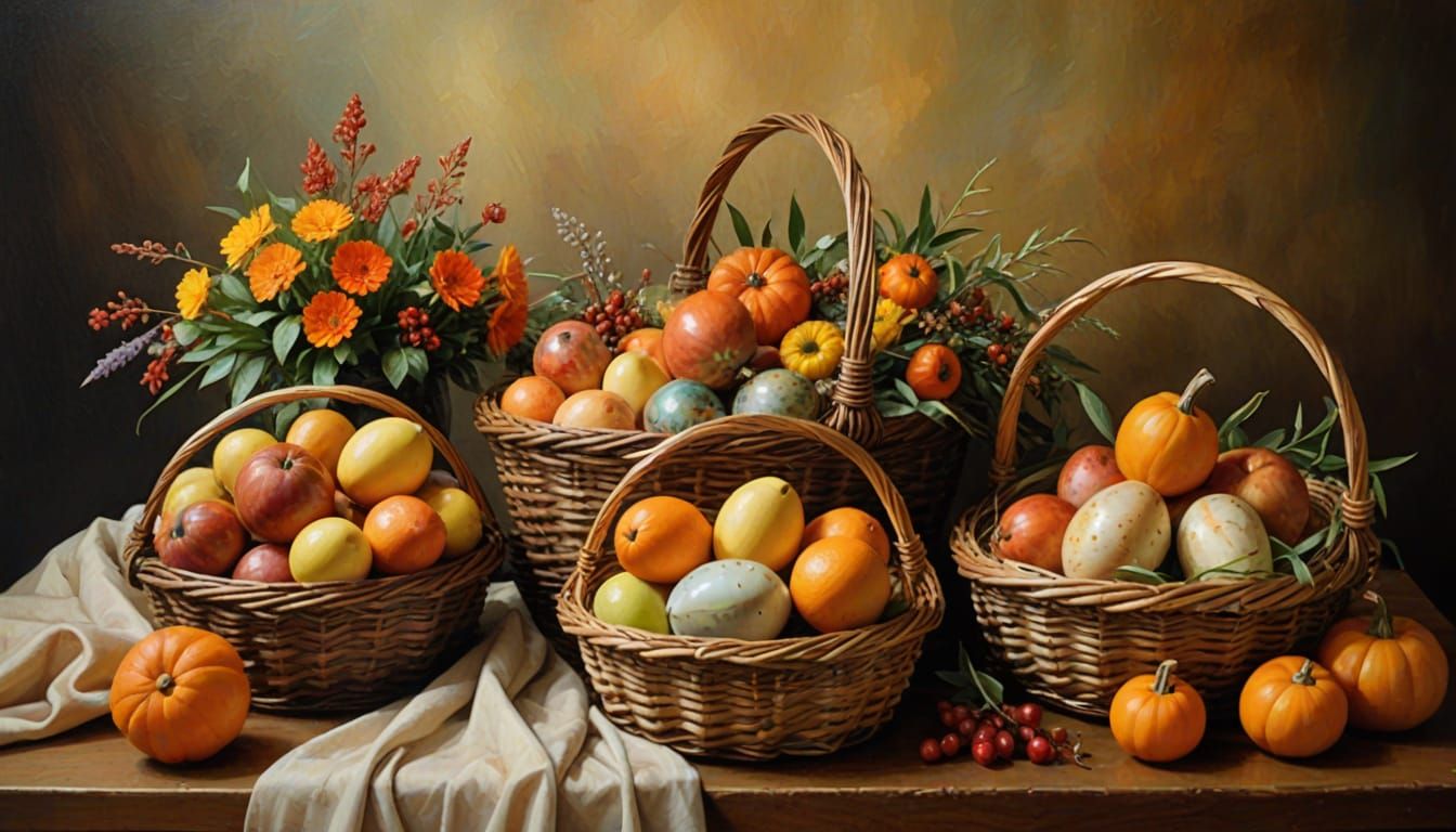 Vibrant Oil Painting of Festive Baskets in Softbox Lighting