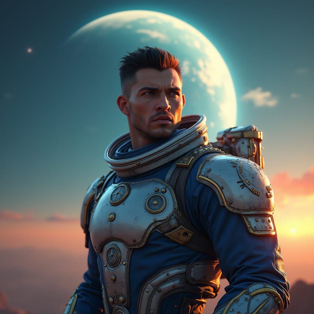 Heroic Space Cadet in Metallic Spacesuit