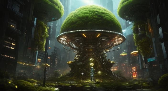 Biopunk Cityscape with Cyborgs and Glowing Flora