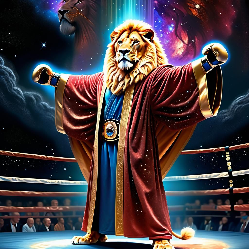 Lion Boxing Champion in Cosmic Nebula, Photorealistic Oil Pa...