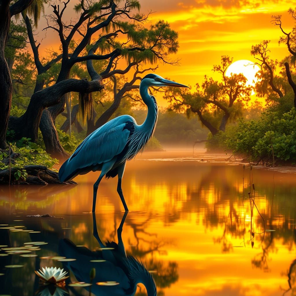 Louisiana Cypress Swamp Sunset with Majestic Great Blue Hero...