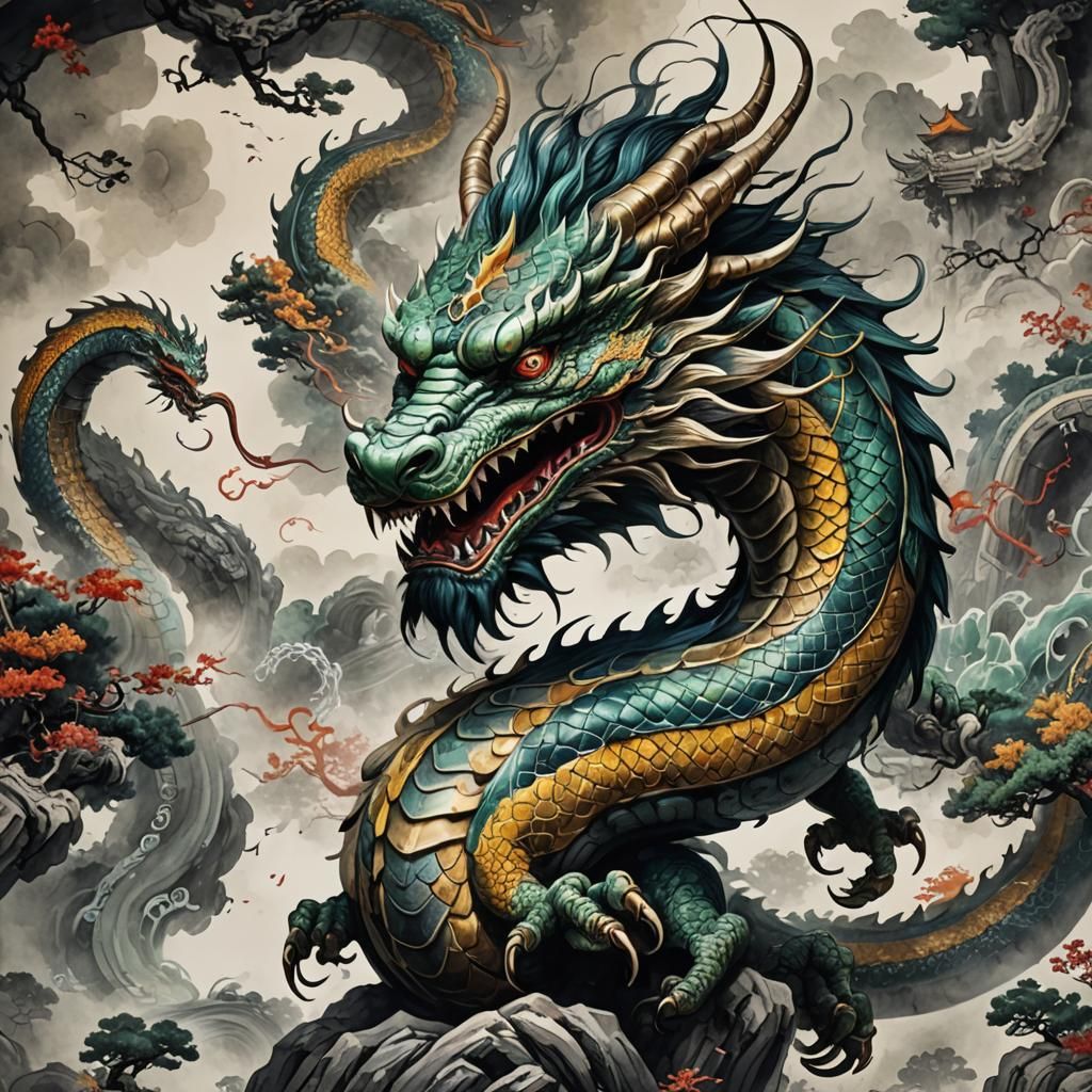 Colorful Asian Dragon in Chinese Ink Style