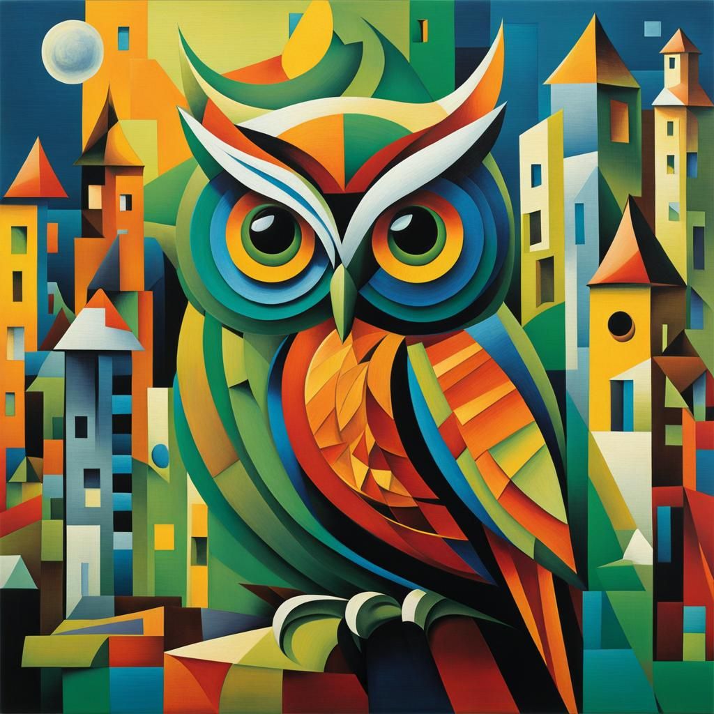 Funky Owl in Cubist Cityscape