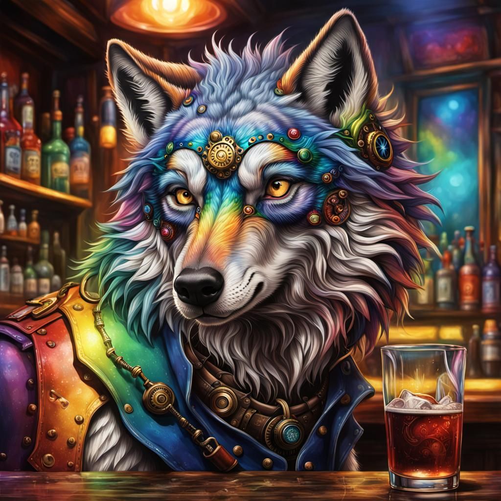 Steampunk Wolf in a Bar: Hyperrealistic Splash Art