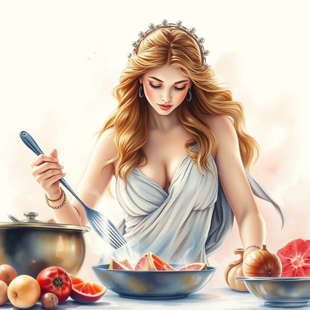 Aphrodite Cooking: Light Pastel Watercolors in Monochrome