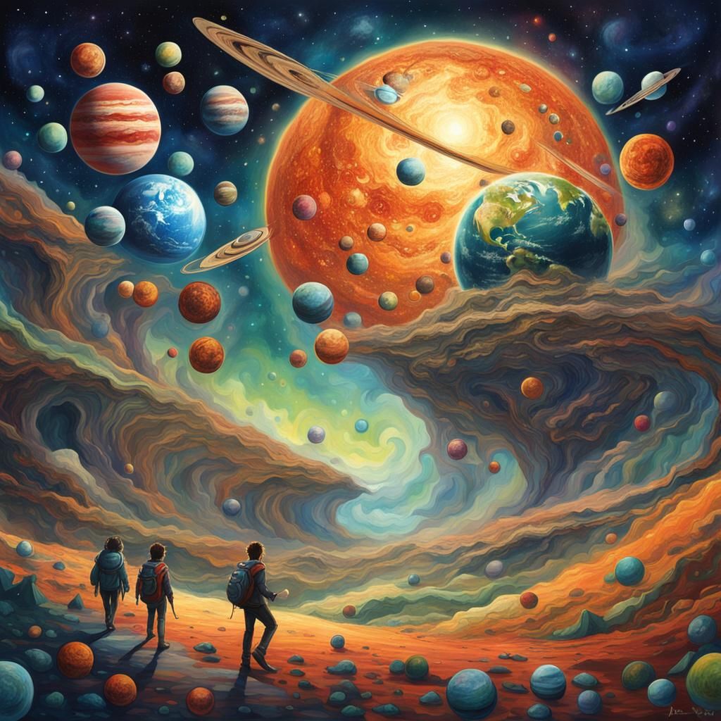 striding between whimsical planets
