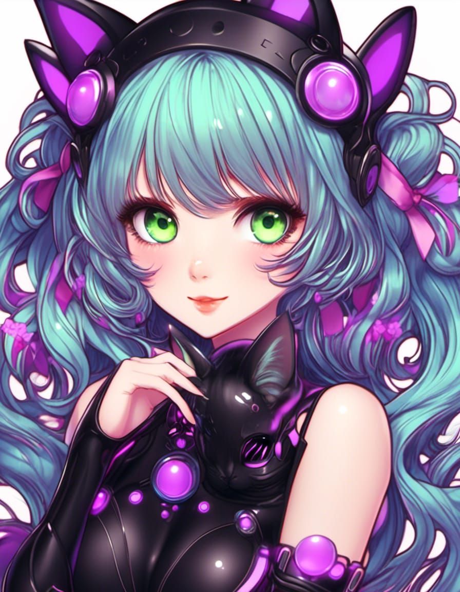 Kawaii neko girl <3 <lora:Gridrunners v1:1.0> 8K resolution black green and purple