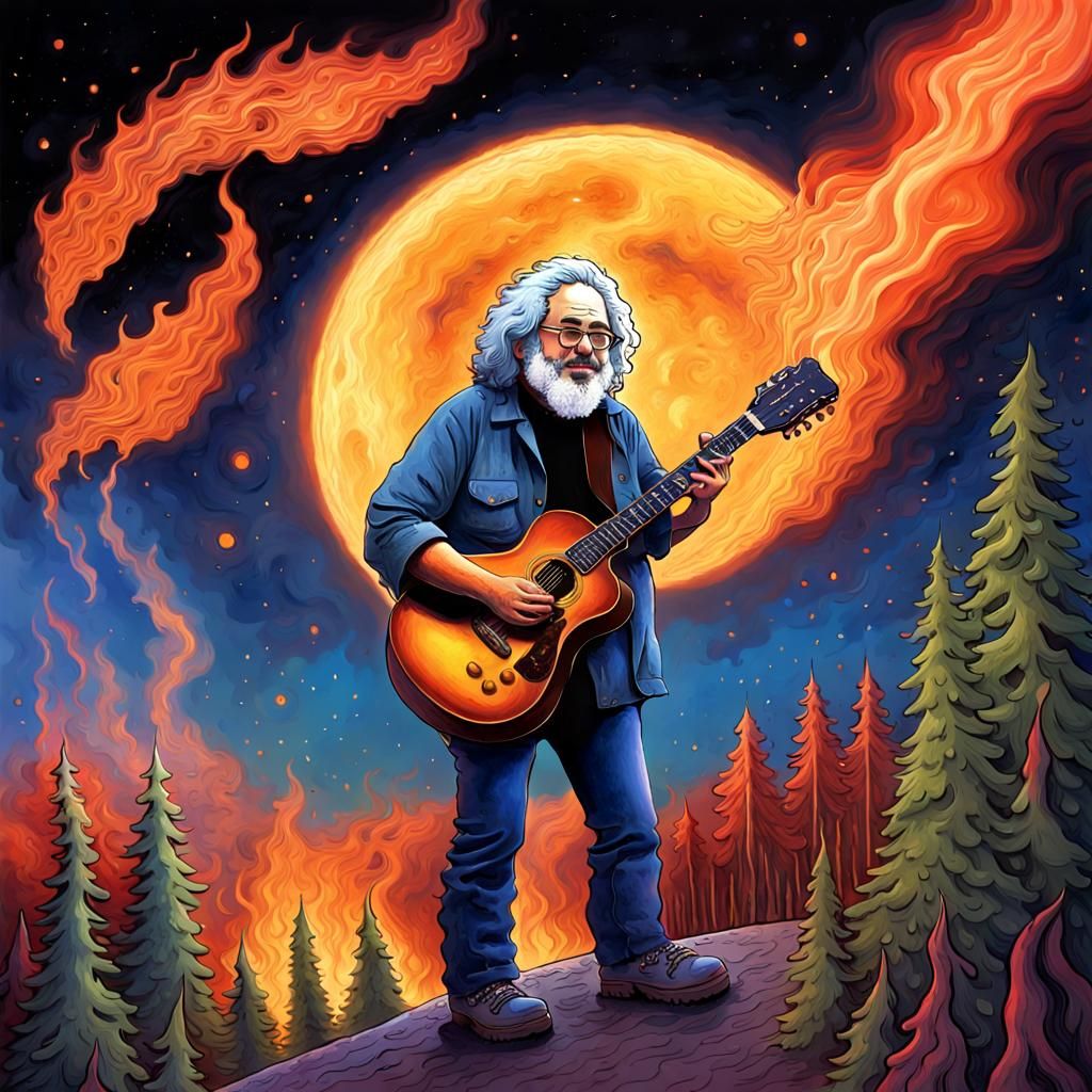 Musician on the Moon Observes Burning Earth