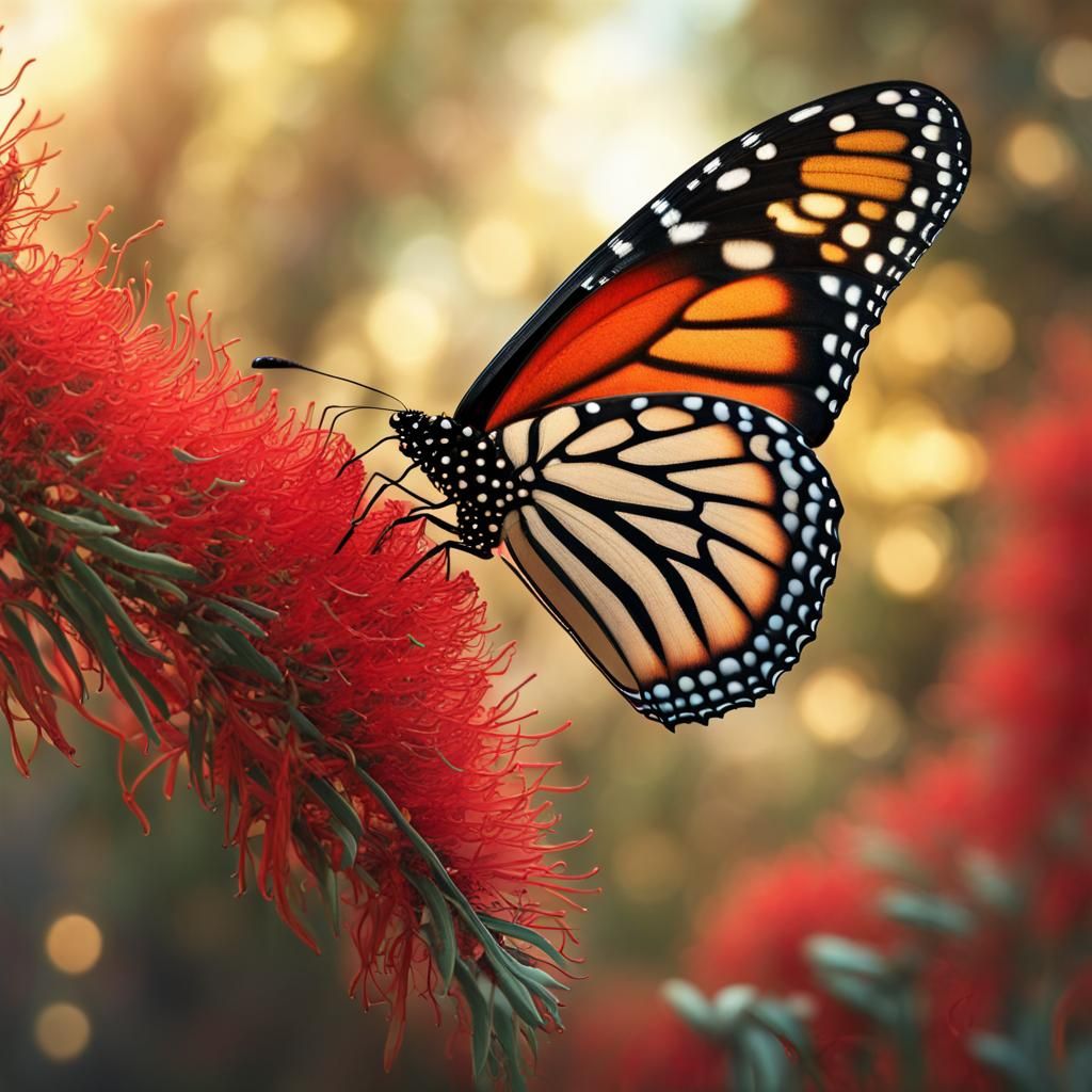 Monarch butterfly on Australian bottle brush flower