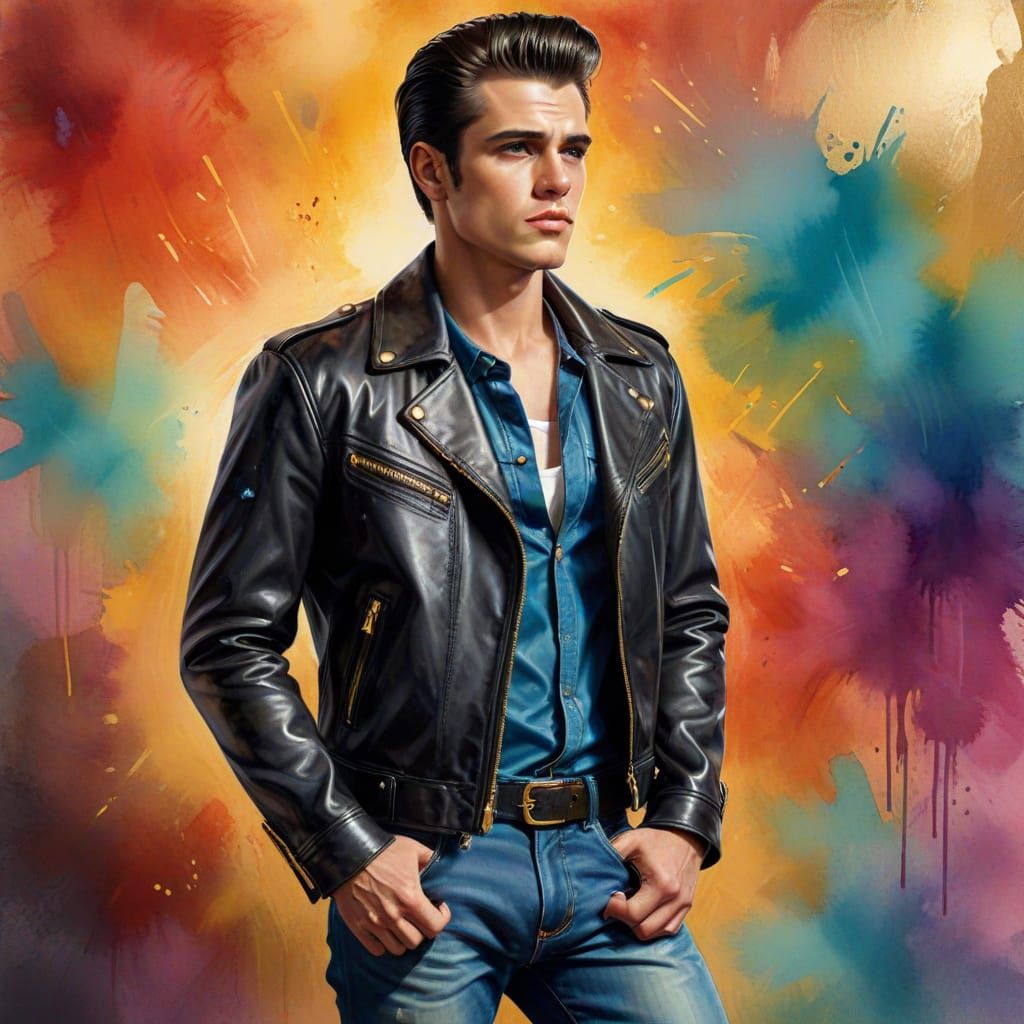 Greaser in Leather Jacket with Watercolor Ink Details