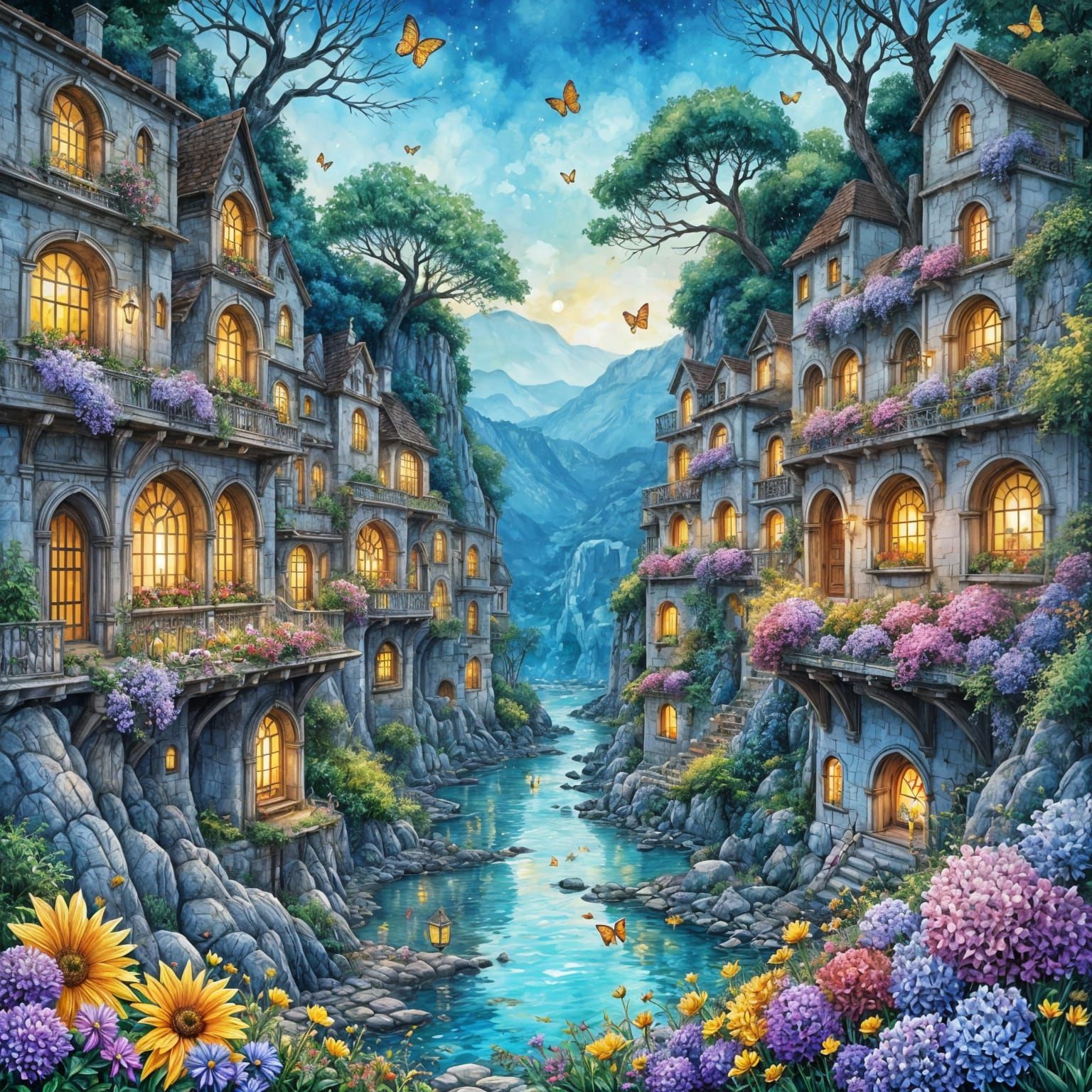 Fantasy Village at Night in Gouache and Watercolor