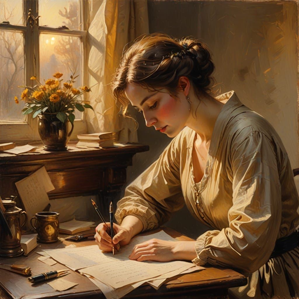 Romantic Oil Painting of Poet Writing Sonnets