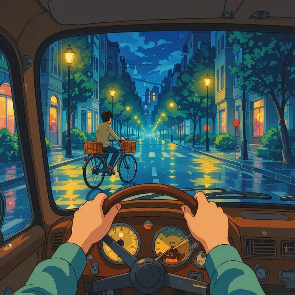 Ghibli-Inspired Night Scene with Cyclist