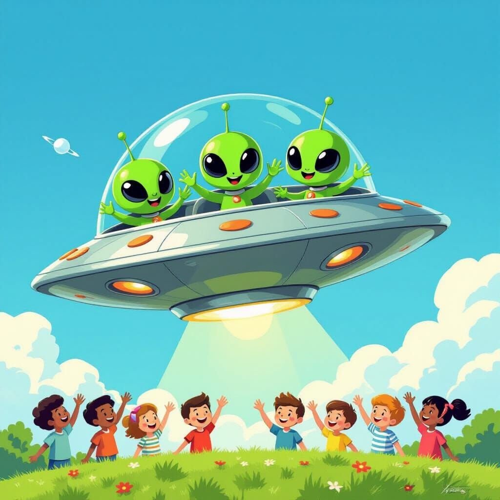 Three Green Aliens Wave from Flying Saucer to Children