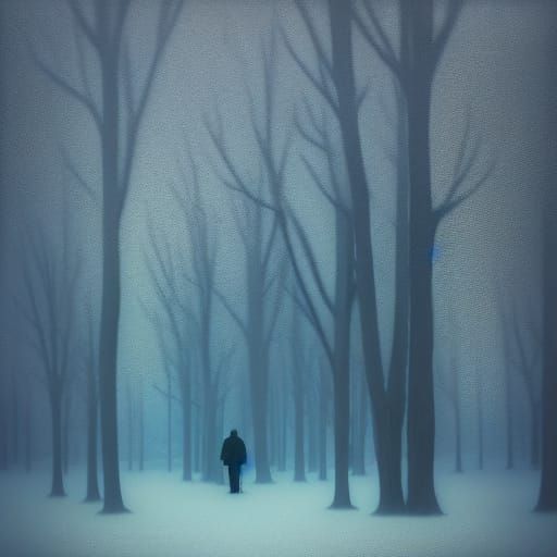 Melancholic Figure in Frosty, Surreal Oil Painting