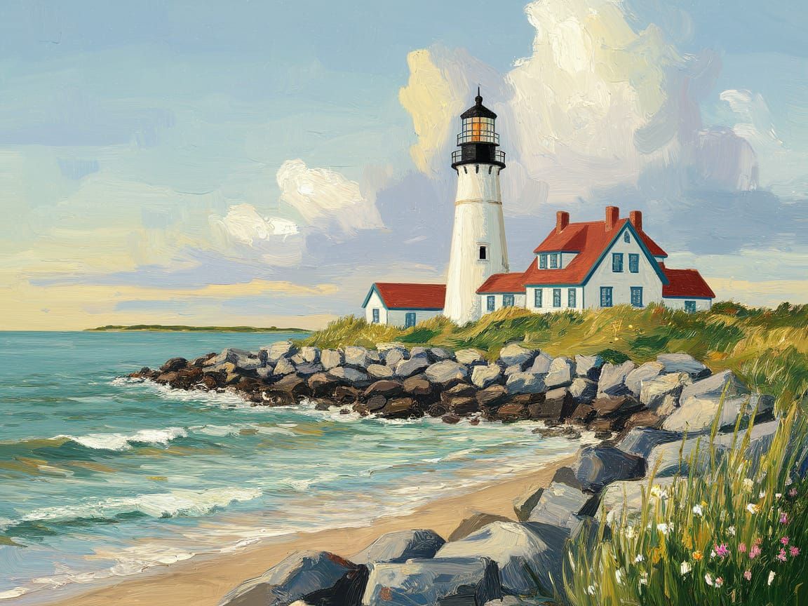 Lighthouse Oil Painting in Romantic Style