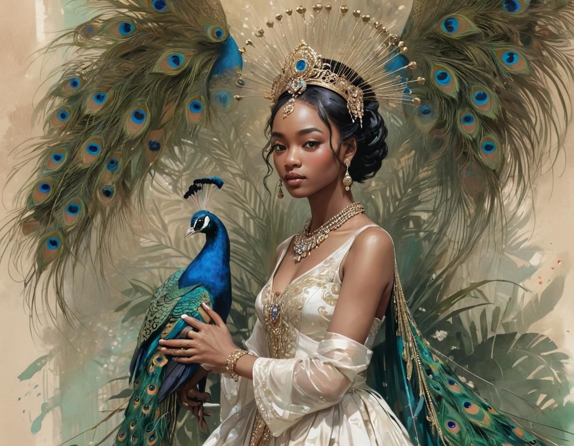 Peacock Princess in Watercolor Fantasy Style