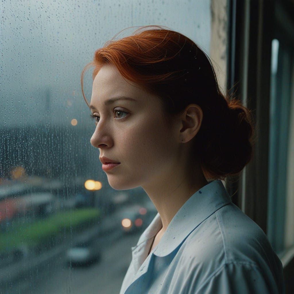 Moody Red-Haired Woman Lost in Rainy Window Reflection