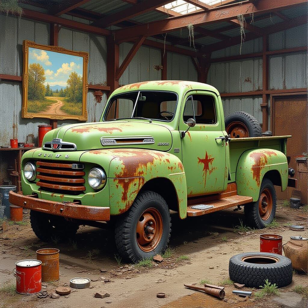 Abandoned 1950 Ford F1 Truck in Workshop Oil Painting