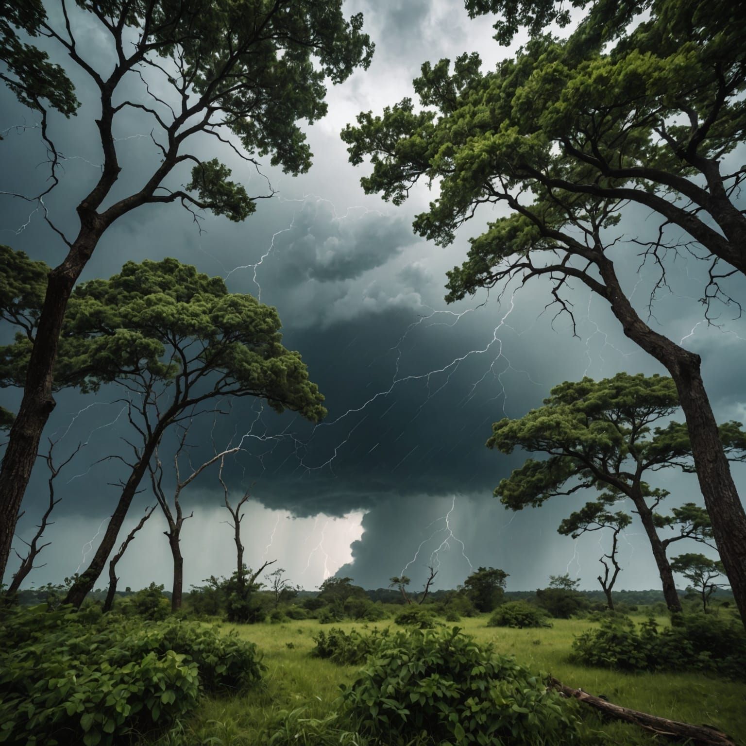 Trees in Fierce Storm with Swirling Leaves