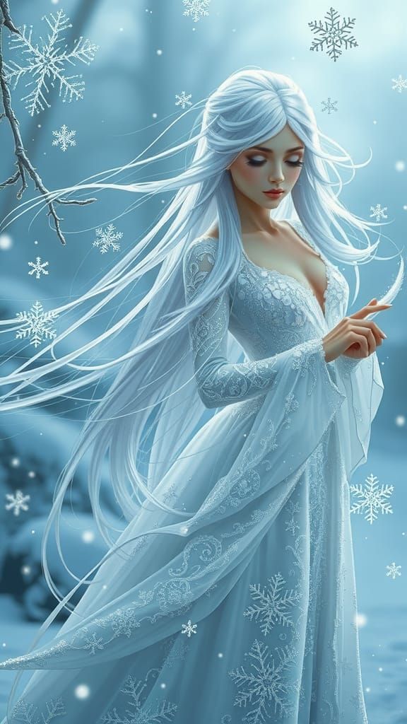 Ethereal Winter Elf Weaving Magic in Snowy Landscape