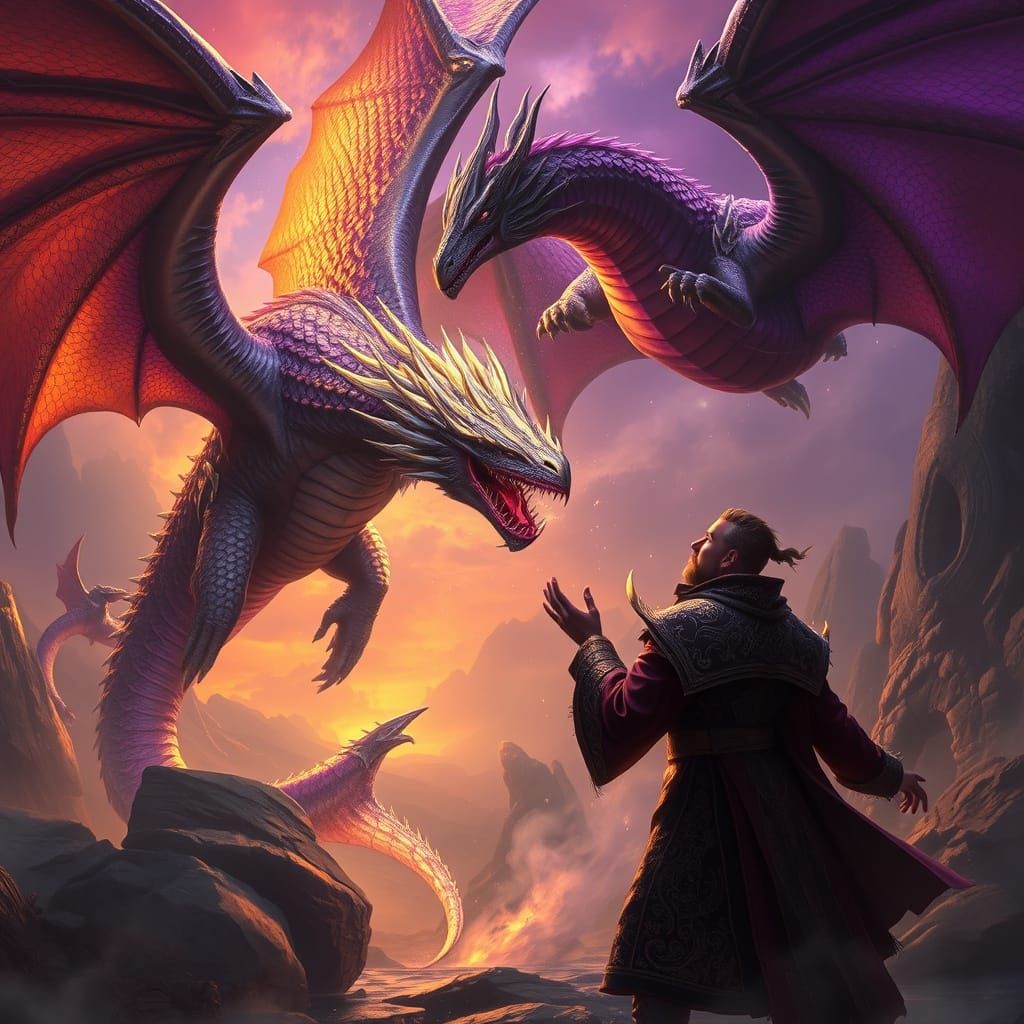 Magnificent Dragons Clash in Dark Fantasy Realm, Befitting a...