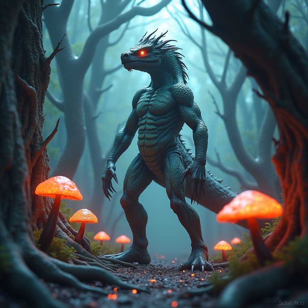 Heroic Serpent-like Creature in Mystical Environment