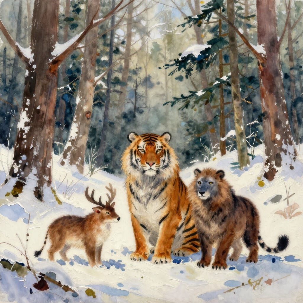 Forest Animals in Winter Watercolor Landscape