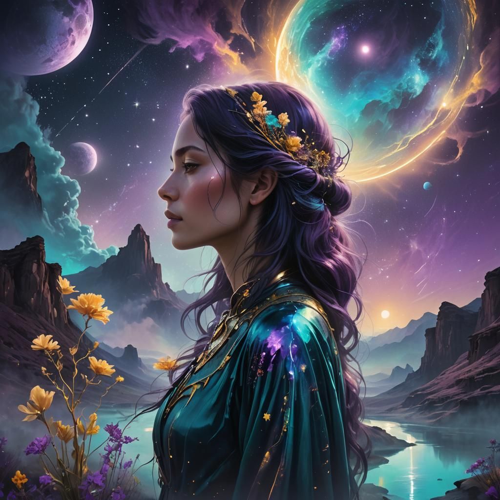 Cosmic Portrait in Alien Landscape, Digital Painting