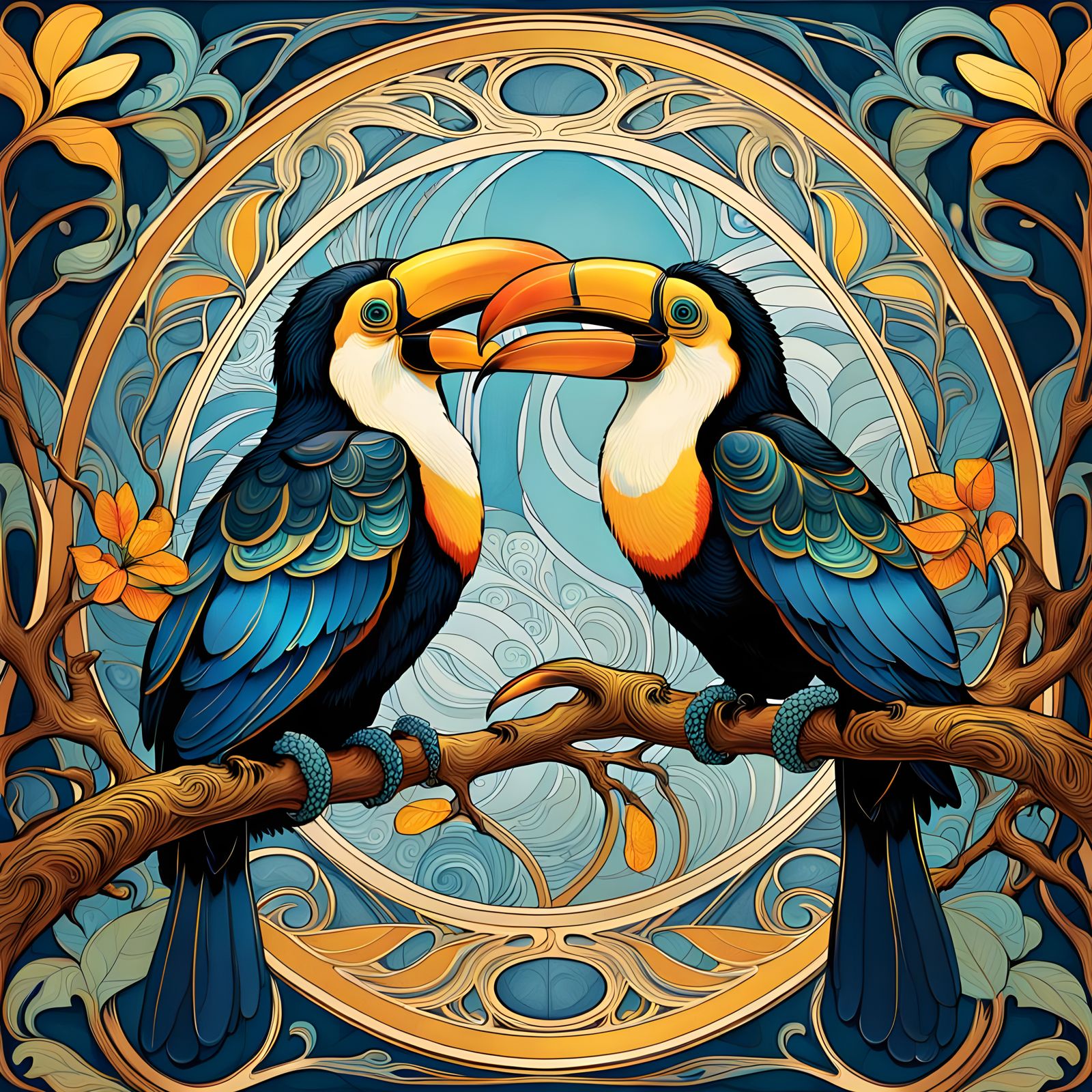Two Laughing Toucans in Art Nouveau Style